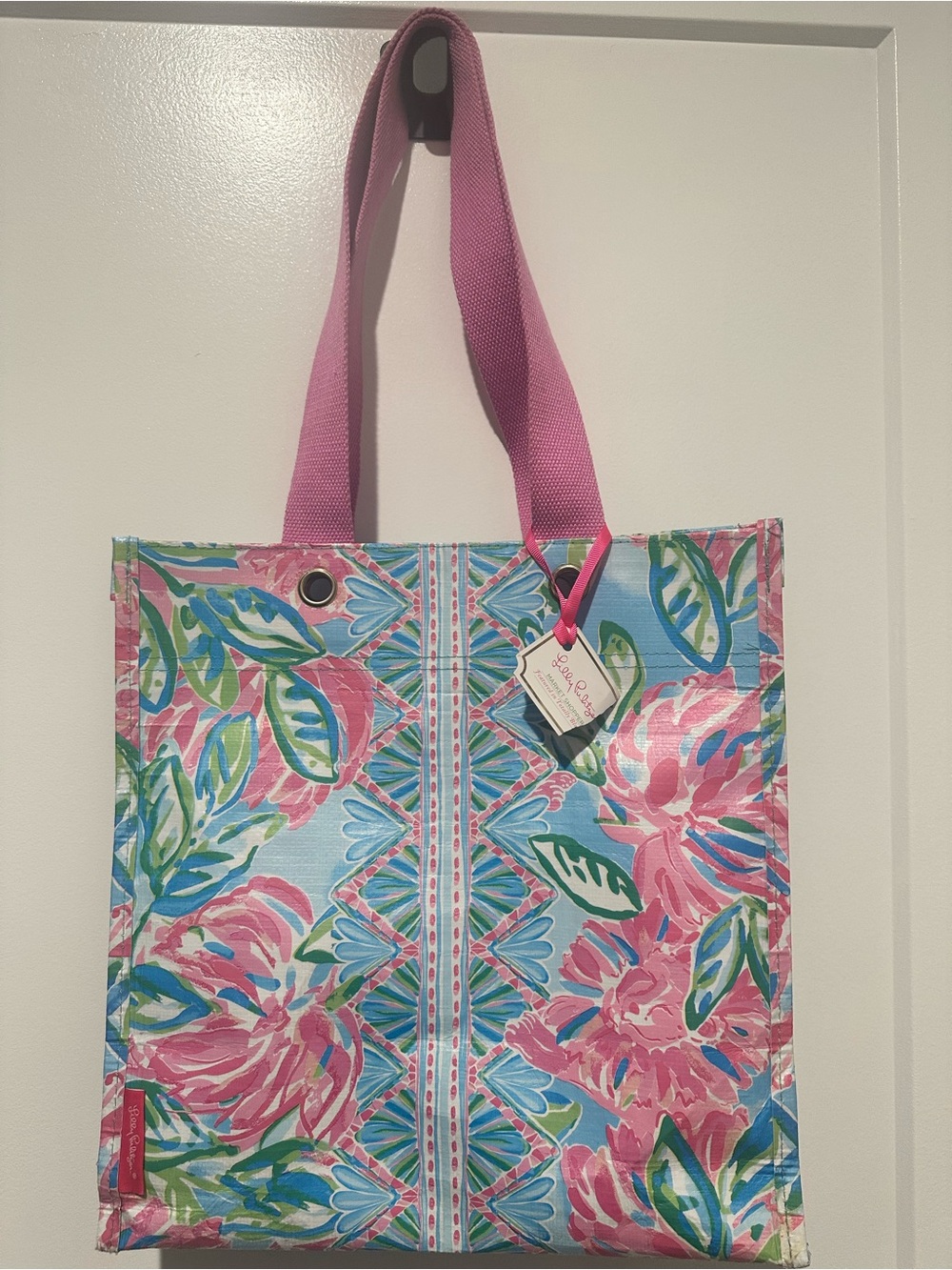 Lilly Pulitzer Pink Floral Tote with Blue and Green Pattern
